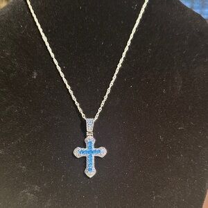 Blue Cubic Zirconia Cross Necklace with 925 Sterling Silver 18”chain.